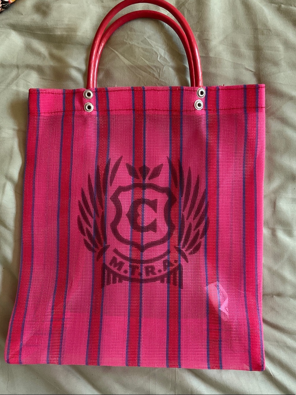 Pink Striped mini mesh Tote Bag with Consuela Emblem